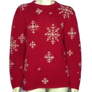 Eddie Bauer Wool Sweater Red Snowflakes